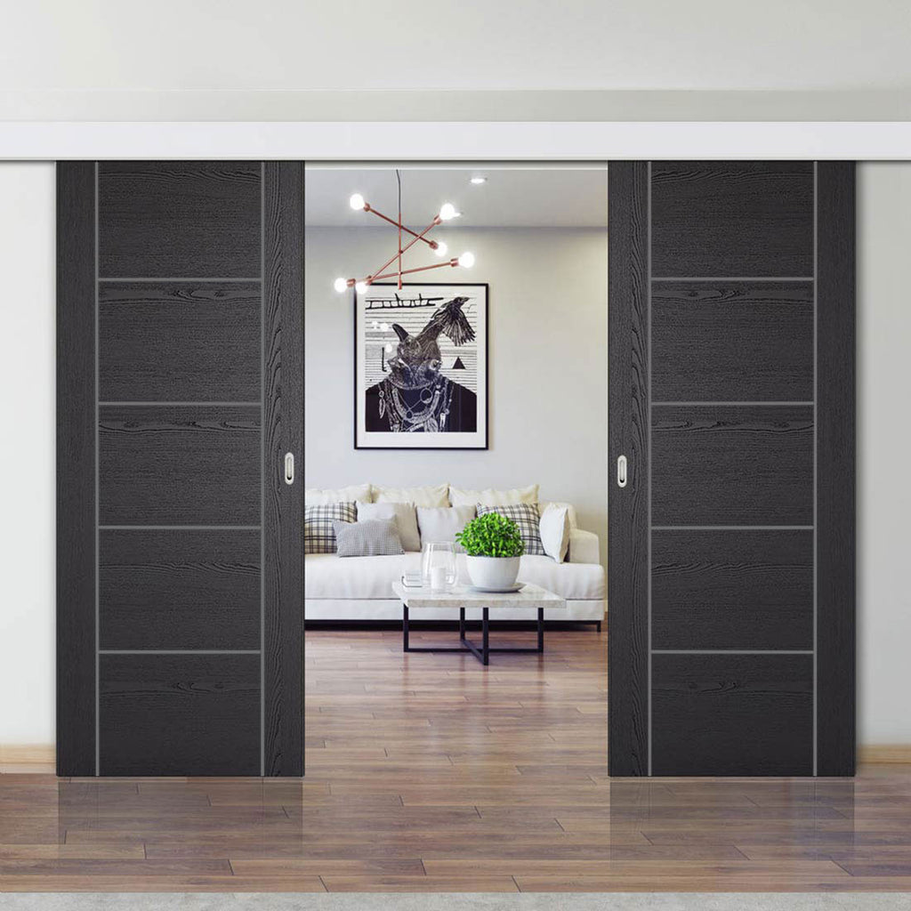 Double Sliding Door & Wall Track - Laminate Vancouver Black Door - Prefinished