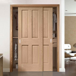 Image: Minimalist Wardrobe Door & Frame Kit - Two Victorian Oak 4 Panel Door -  No Raised Mouldings - Prefinished