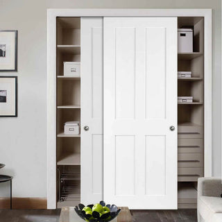 Image: Minimalist Wardrobe Door & Frame Kit - Two Victorian Shaker 4 Panel Door - White Primed