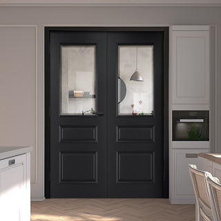 Image: Windsor Black Internal Door Pair - Prefinished - Clear Bevelled Glass