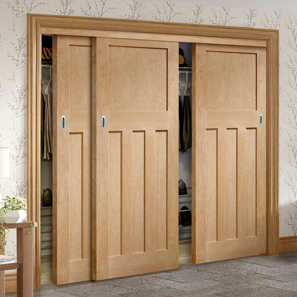 Three Sliding Wardrobe Doors & Frame Kit - DX 1930'S Oak Panel Door - Prefinished