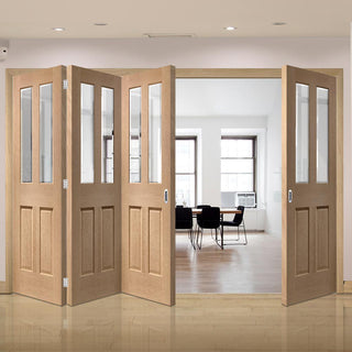 Image: Four Folding Doors & Frame Kit - Malton Oak 3+1 - No Raised Mouldings - Bevelled Clear Glass - Prefinished