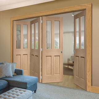 Image: Bespoke Thrufold Malton Oak Glazed Folding 3+1 Door - No Raised Mouldings - Prefinished