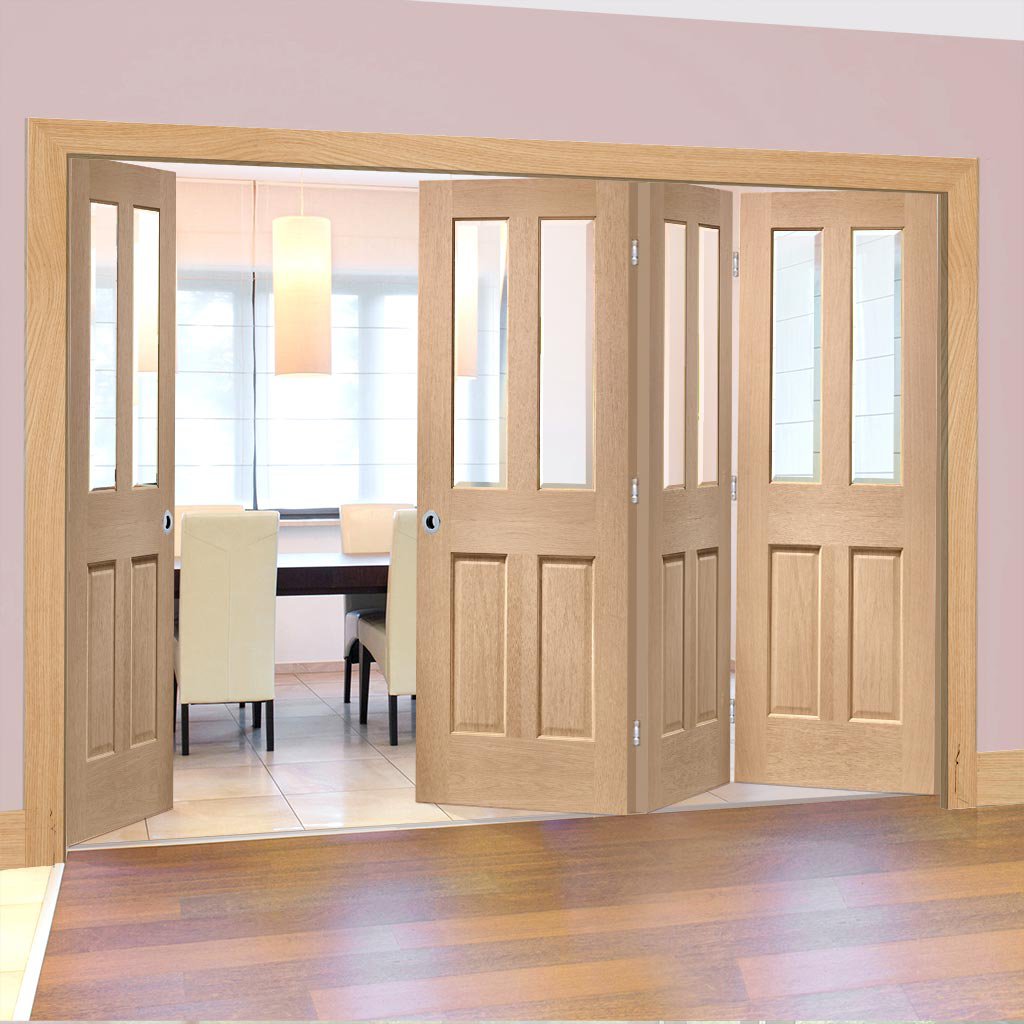 Four Folding Doors & Frame Kit - Malton Oak 3+1 - Bevelled Clear Glass - No Raised Mouldings - Unfinished