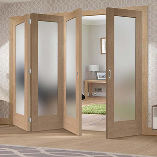 Image: Four Folding Doors & Frame Kit - Pattern 10 Oak Shaker 3+1 - Obscure Glass - Prefinished