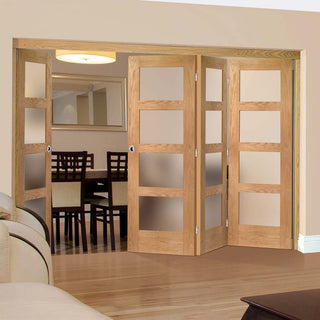 Image: Four Folding Doors & Frame Kit - Shaker Oak 4 Pane 3+1 - Obscure Glass - Prefinished