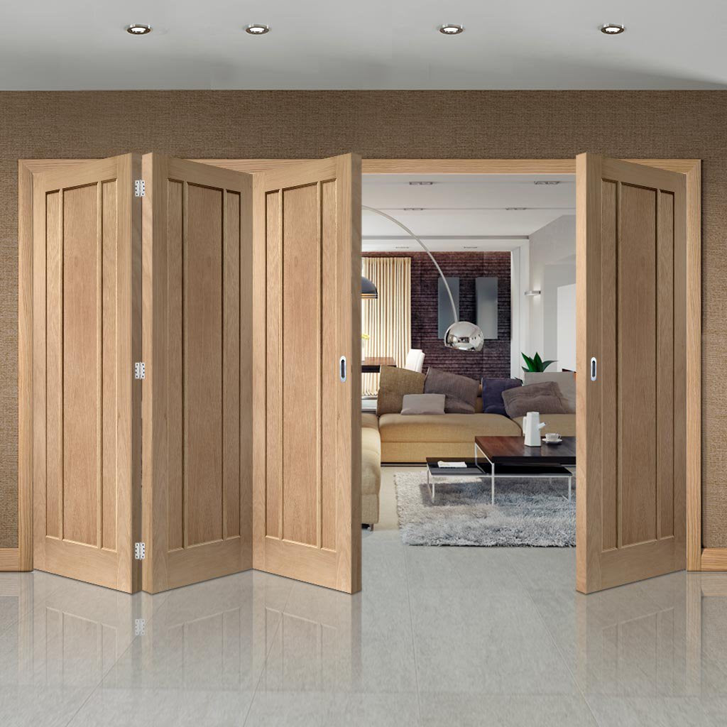 Four Folding Doors & Frame Kit - Worcester Oak 3 Panel 3+1 - Prefinished