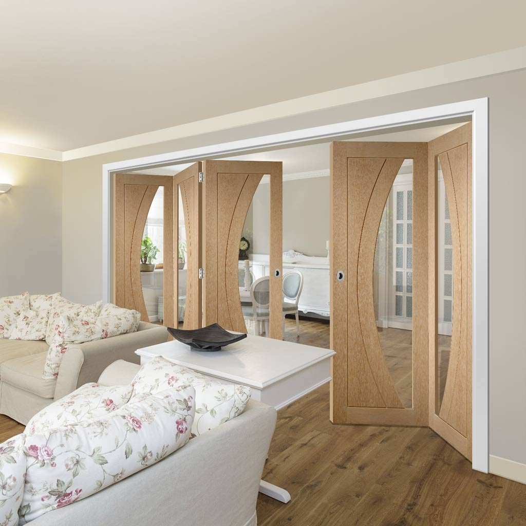 Five Folding Doors & Frame Kit - Salerno Oak 3+2 - Clear Glass - Prefinished