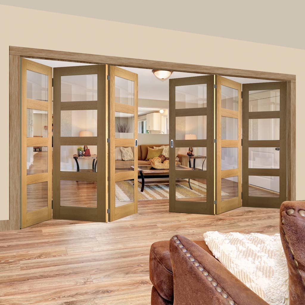 Six Folding Doors & Frame Kit - Coventry Shaker Oak 3+3 - Clear Glass - Unfinished