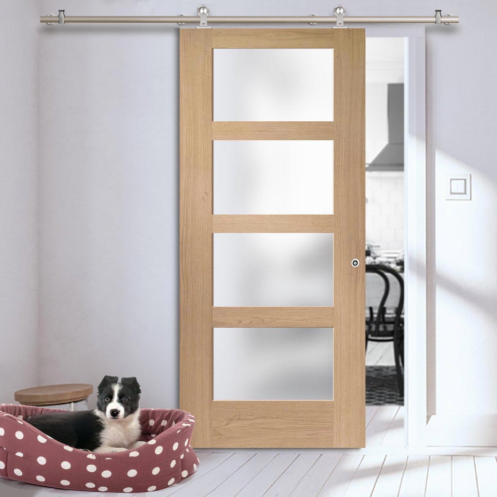 Sirius Tubular Stainless Steel Sliding Track & Shaker Oak Door - Obscure Glass - Unfinished