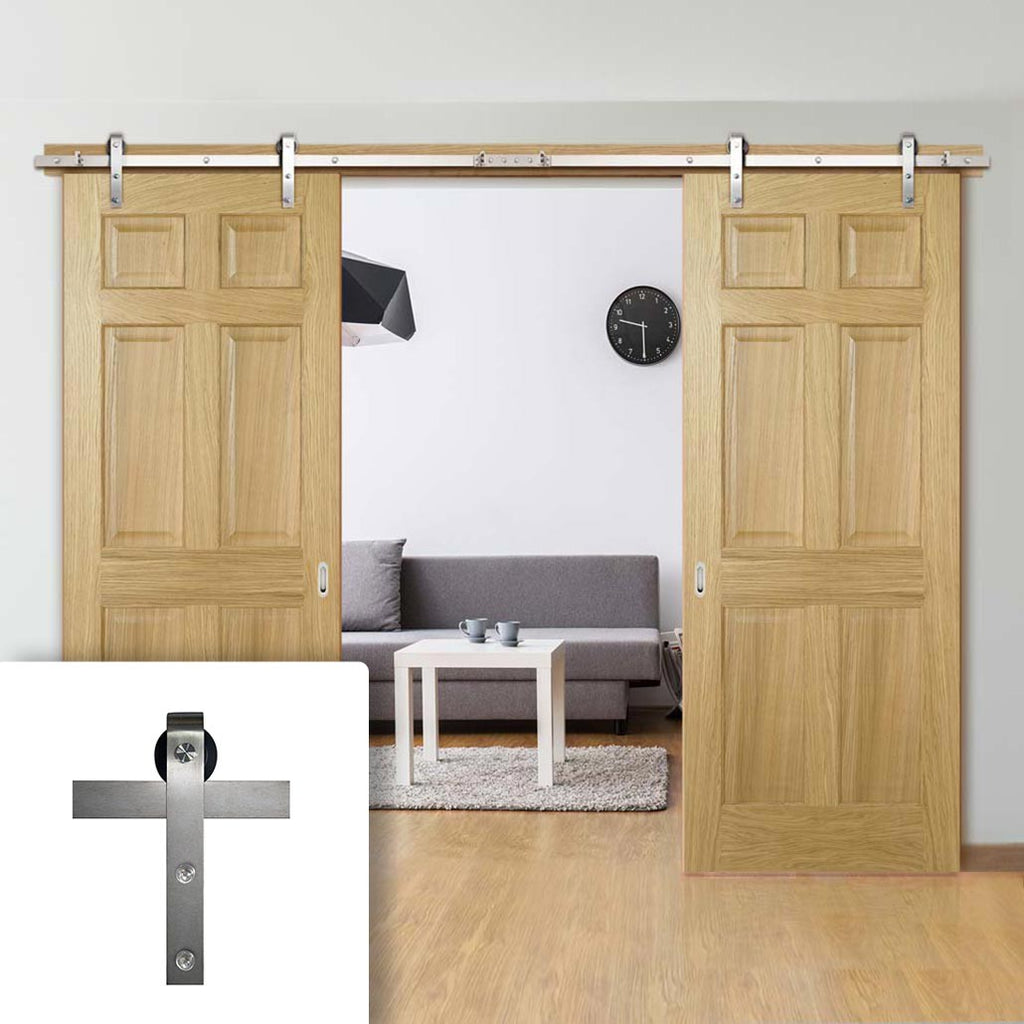 Double Sliding Door & Stainless Steel Barn Track - Regency 6 Panel Oak Doors - Prefinished