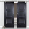 Saturn Tubular Stainless Steel Sliding Track & Amsterdam 3 Panel Black Primed Double Door - Unfinished