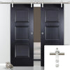 Saturn Tubular Stainless Steel Sliding Track & Amsterdam 3 Panel Black Primed Double Door - Unfinished