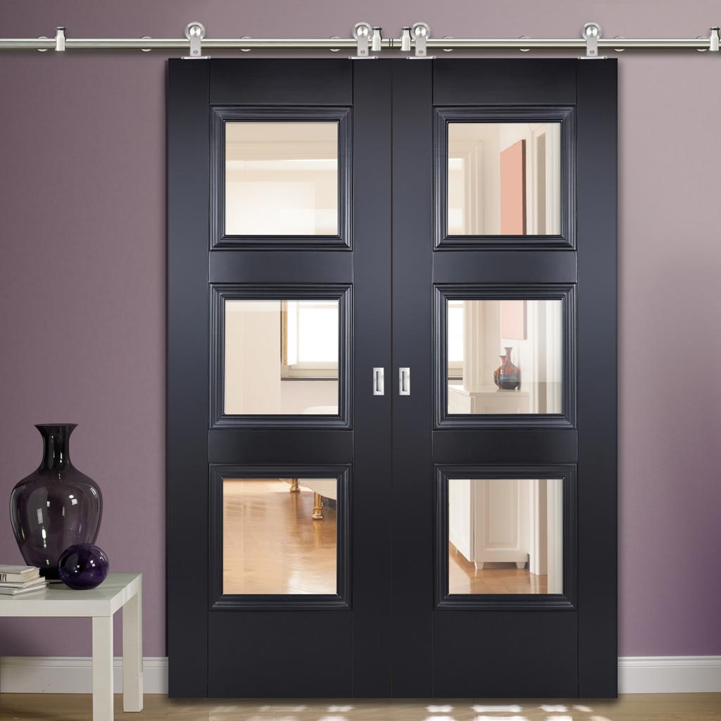 Sirius Tubular Stainless Steel Sliding Track & Amsterdam Black Primed Double Door - Clear Glass - Unfinished