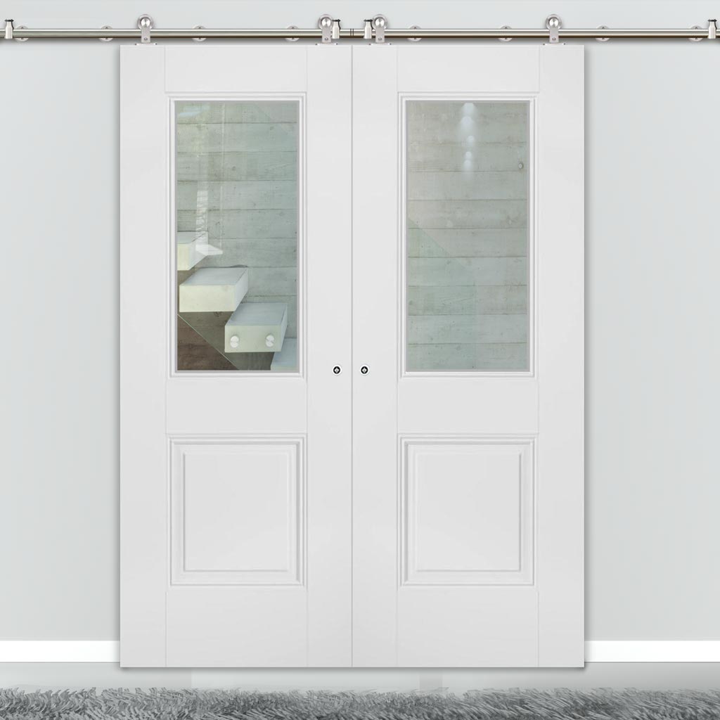 Sirius Tubular Stainless Steel Sliding Track & Arnhem 1 Pane 1 Panel Double Door - Clear Glass - Primed