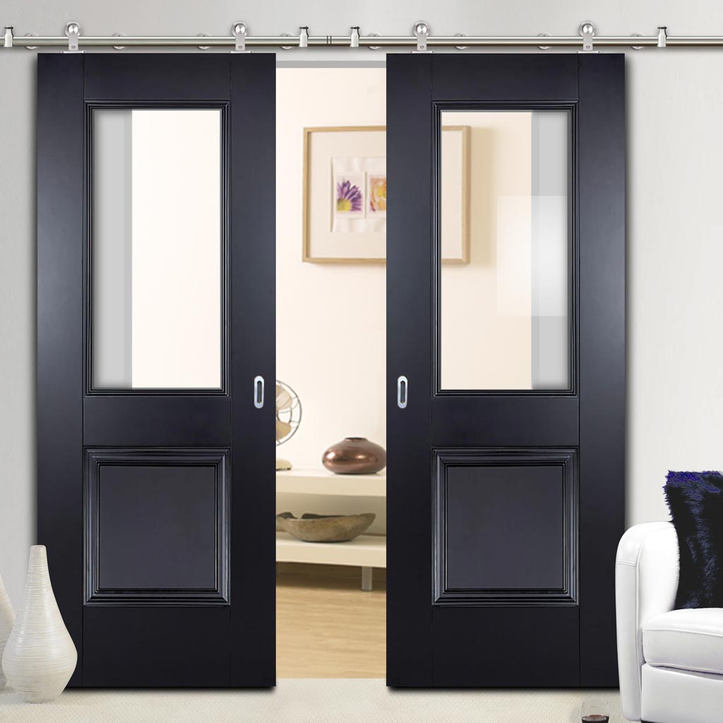 Sirius Tubular Stainless Steel Sliding Track & Arnhem Black Primed Double Door - Clear Glass - Unfinished