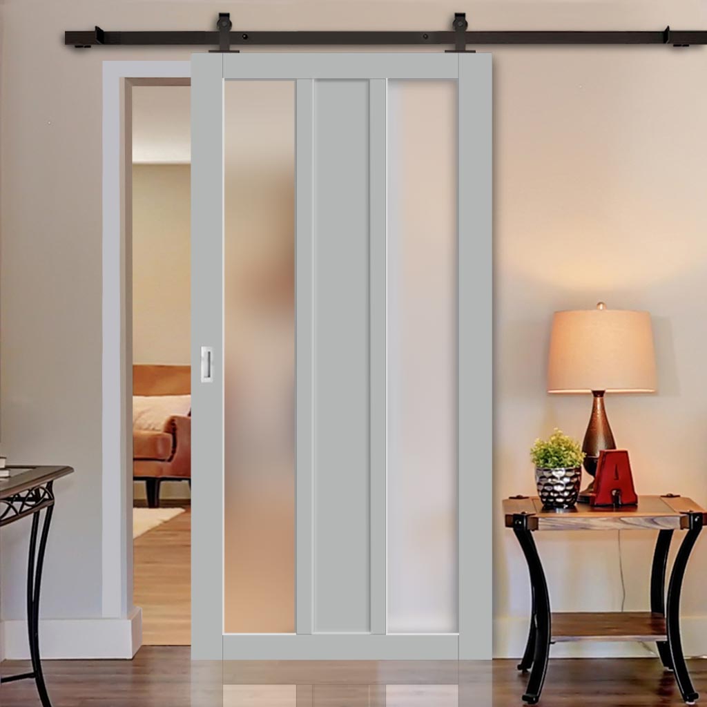 Top Mounted Black Sliding Track & Solid Wood Door - Eco-Urban® Avenue 2 Pane 1 Panel Solid Wood Door DD6410SG Frosted Glass - Mist Grey Premium Primed