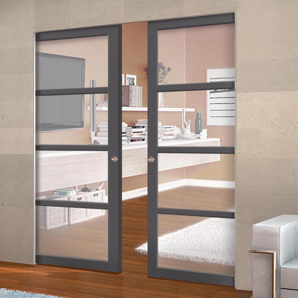 Bespoke Handmade Eco-Urban® Brooklyn 4 Pane Double Absolute Evokit Pocket Door DD6308G - Clear Glass - Colour Options