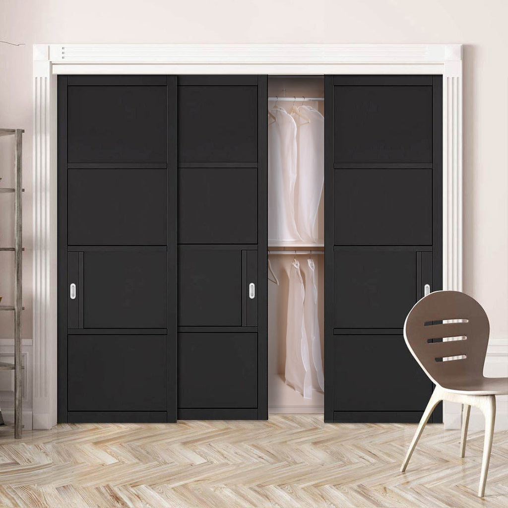 Three Sliding Maximal Wardrobe Doors & Frame Kit - Chelsea 4 Panel Black Painted Door - Prefinished