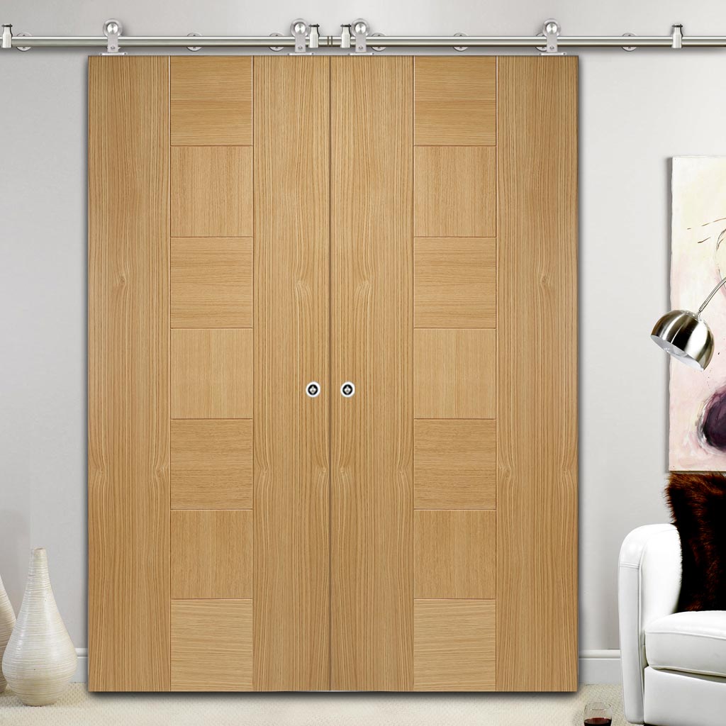 Sirius Tubular Stainless Steel Sliding Track & Catalonia Flush Oak Double Door - Prefinished