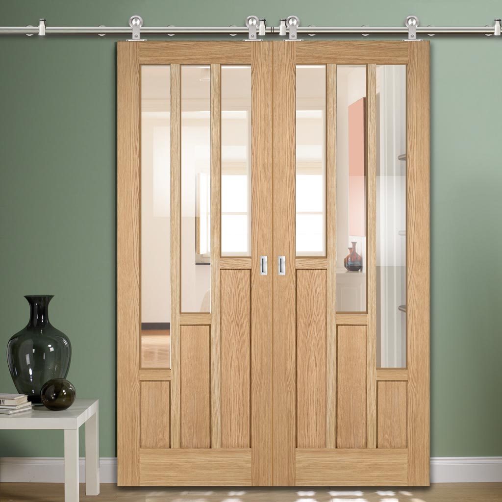 Sirius Tubular Stainless Steel Sliding Track & Coventry Contemporary Oak Double Door - Clear Glass - Unfinished