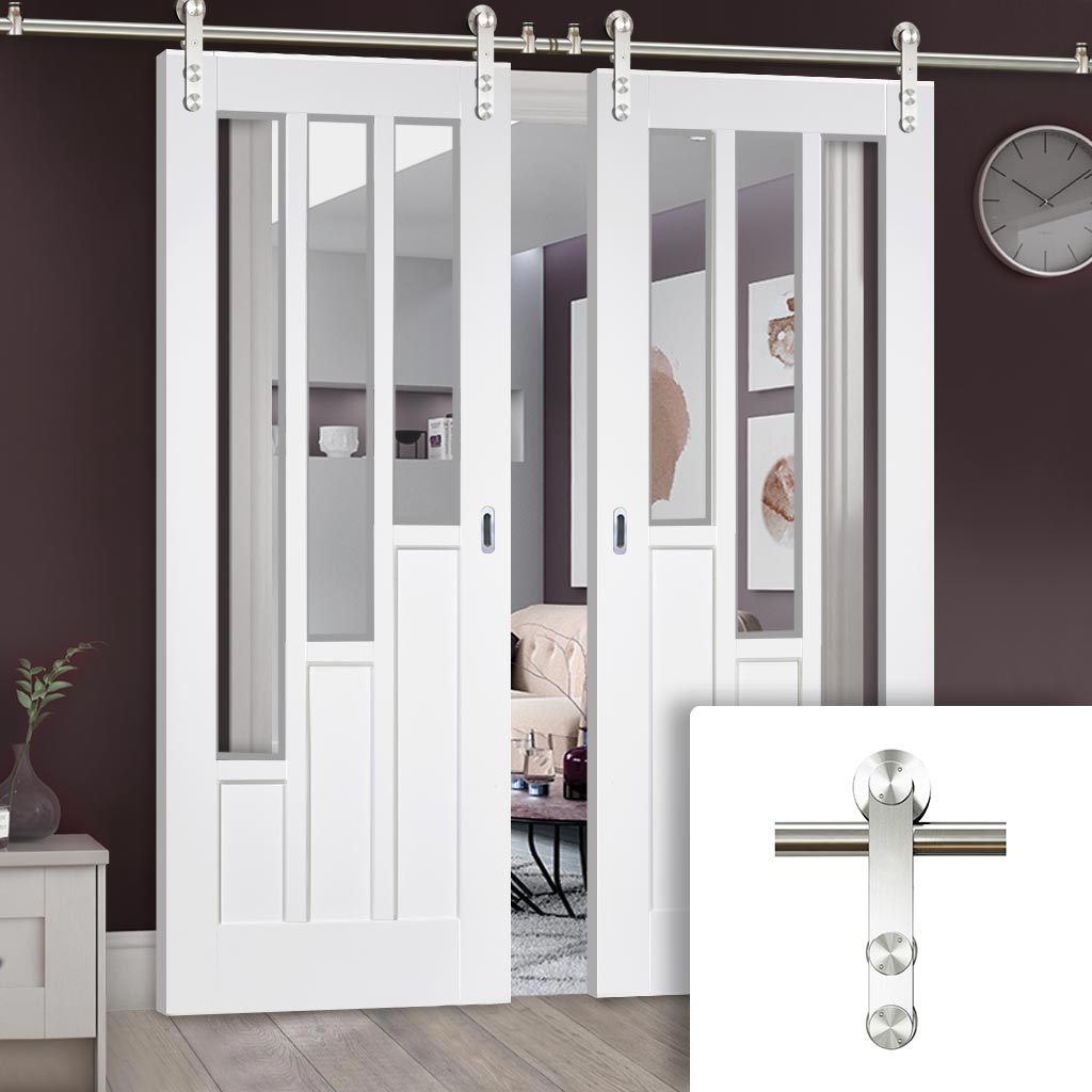 Saturn Tubular Stainless Steel Sliding Track & Coventry Double Door - Clear Glass - Primed