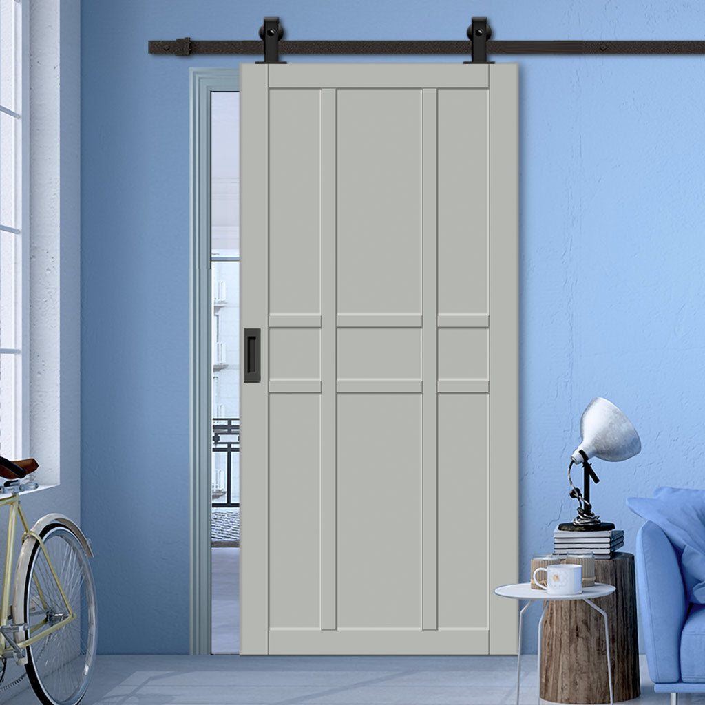 Top Mounted Black Sliding Track & Solid Wood Door - Eco-Urban® Tromso 9 Panel Solid Wood Door DD6402 - Mist Grey Premium Primed