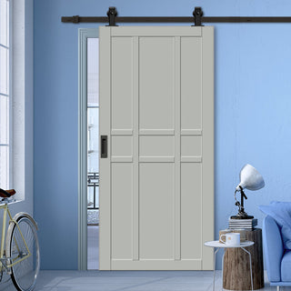 Image: Top Mounted Black Sliding Track & Solid Wood Door - Eco-Urban® Tromso 9 Panel Solid Wood Door DD6402 - Mist Grey Premium Primed