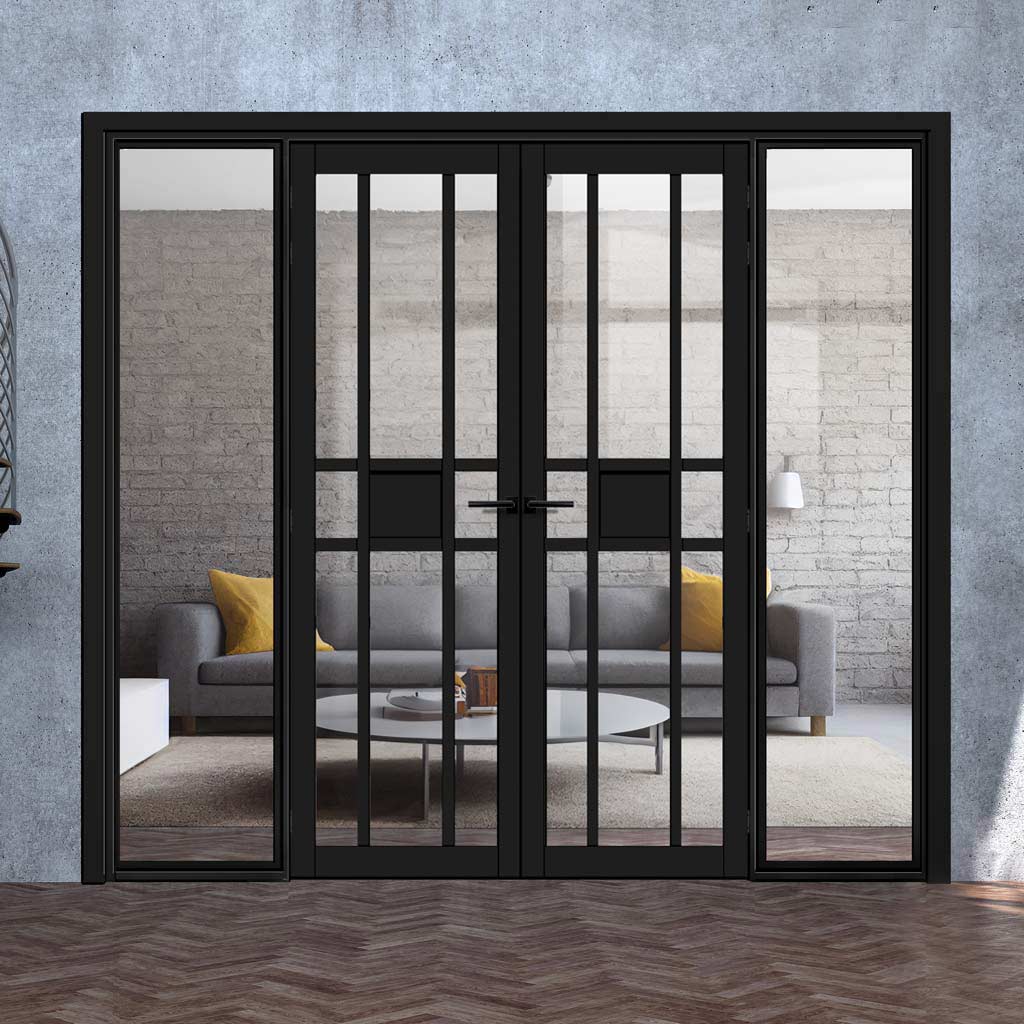 Bespoke Room Divider - Eco-Urban® Tromso Door Pair DD6402C - Clear Glass with Full Glass Sides - Premium Primed - Colour & Size Options