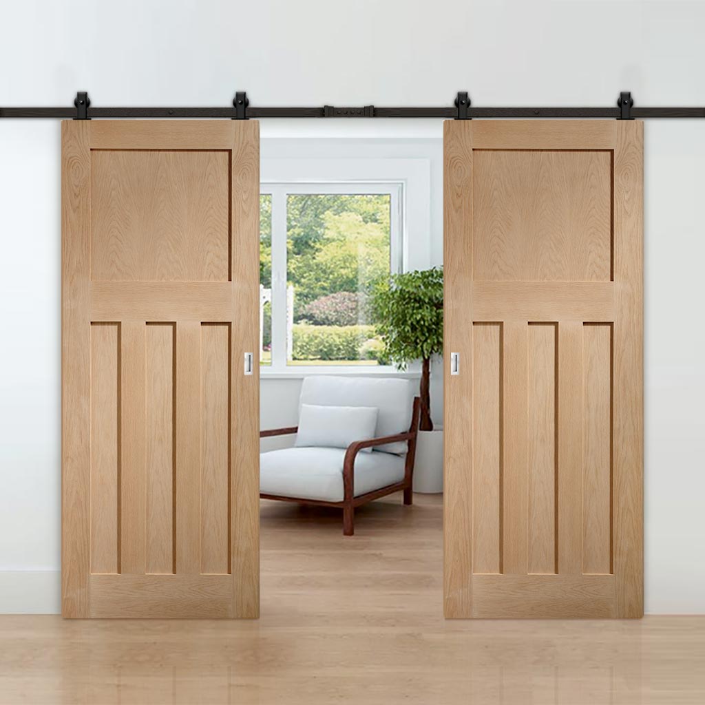 Top Mounted Black Sliding Track & Double Door - DX 1930'S Oak Panel Doors - Prefinished