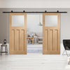 Top Mounted Black Sliding Track & Double Door - DX 1930's Oak Doors - Obscure Glass - Prefinished