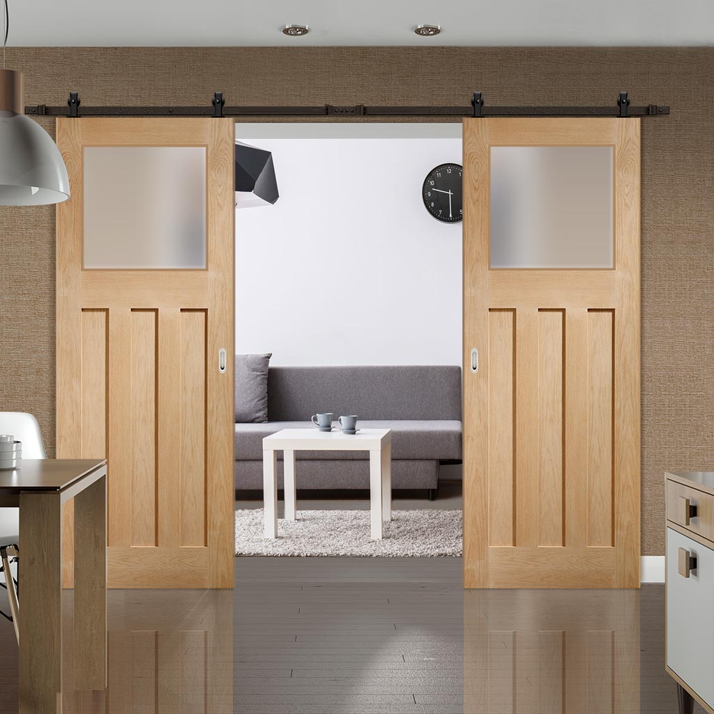 Top Mounted Black Sliding Track & Double Door - DX Oak Doors - Obscure Glass - 1930's Style - Unfinished