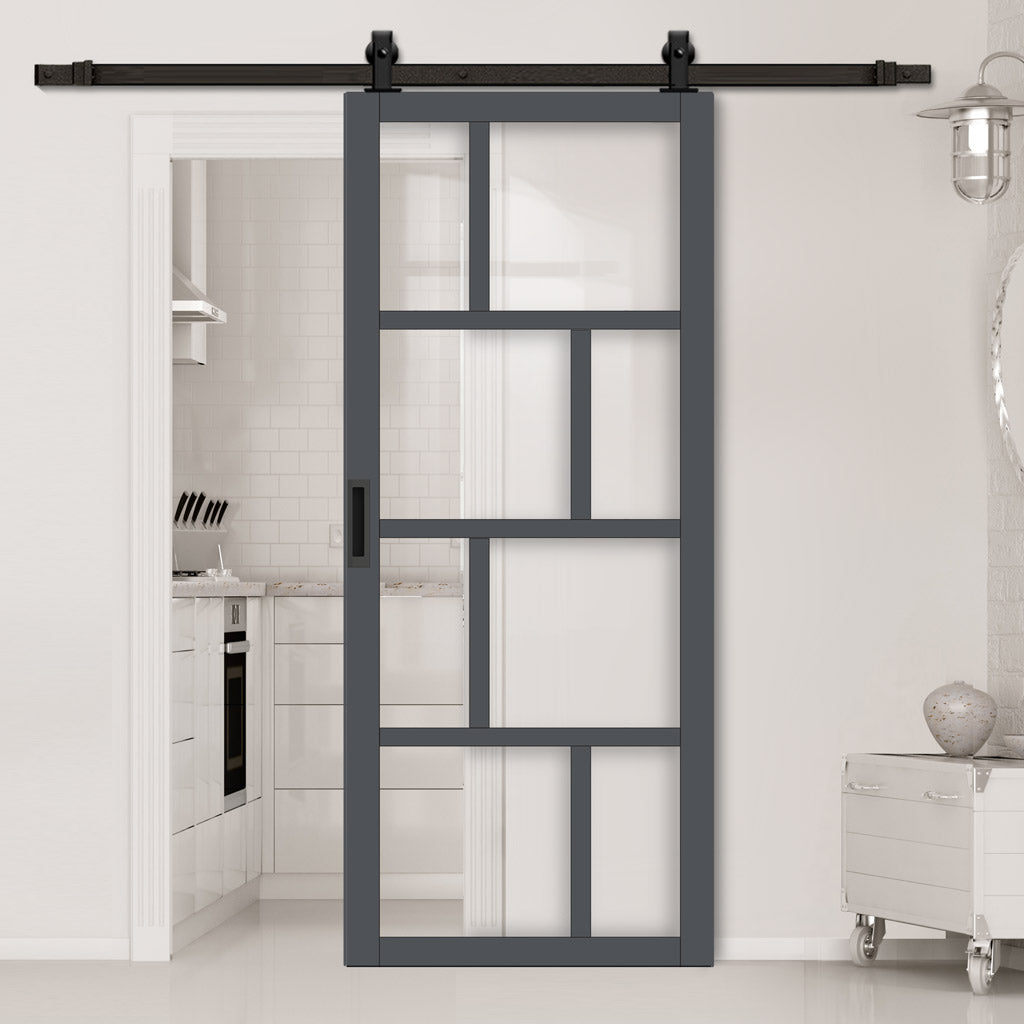 Top Mounted Black Sliding Track & Solid Wood Door - Eco-Urban® Kochi 8 Pane Solid Wood Door DD6415G Clear Glass - Stormy Grey Premium Primed