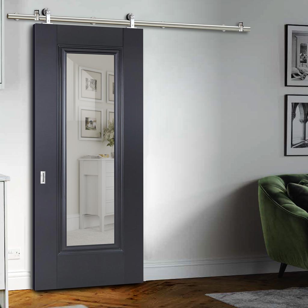 Sirius Tubular Stainless Steel Sliding Track & Eindhoven Black Primed Door - Clear Glass - Unfinished