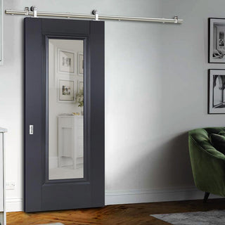 Image: Sirius Tubular Stainless Steel Sliding Track & Eindhoven Black Primed Door - Clear Glass - Unfinished