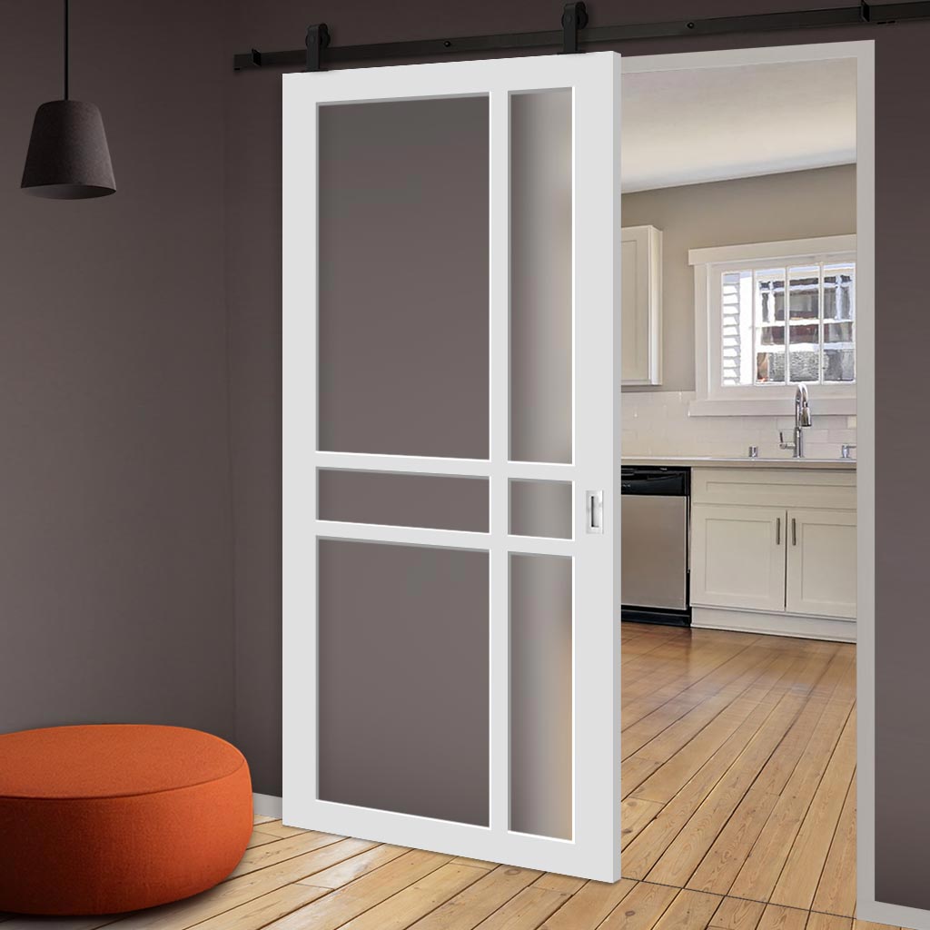 Top Mounted Black Sliding Track & Solid Wood Door - Eco-Urban® Glasgow 6 Pane Solid Wood Door DD6314SG - Frosted Glass - Cloud White Premium Primed