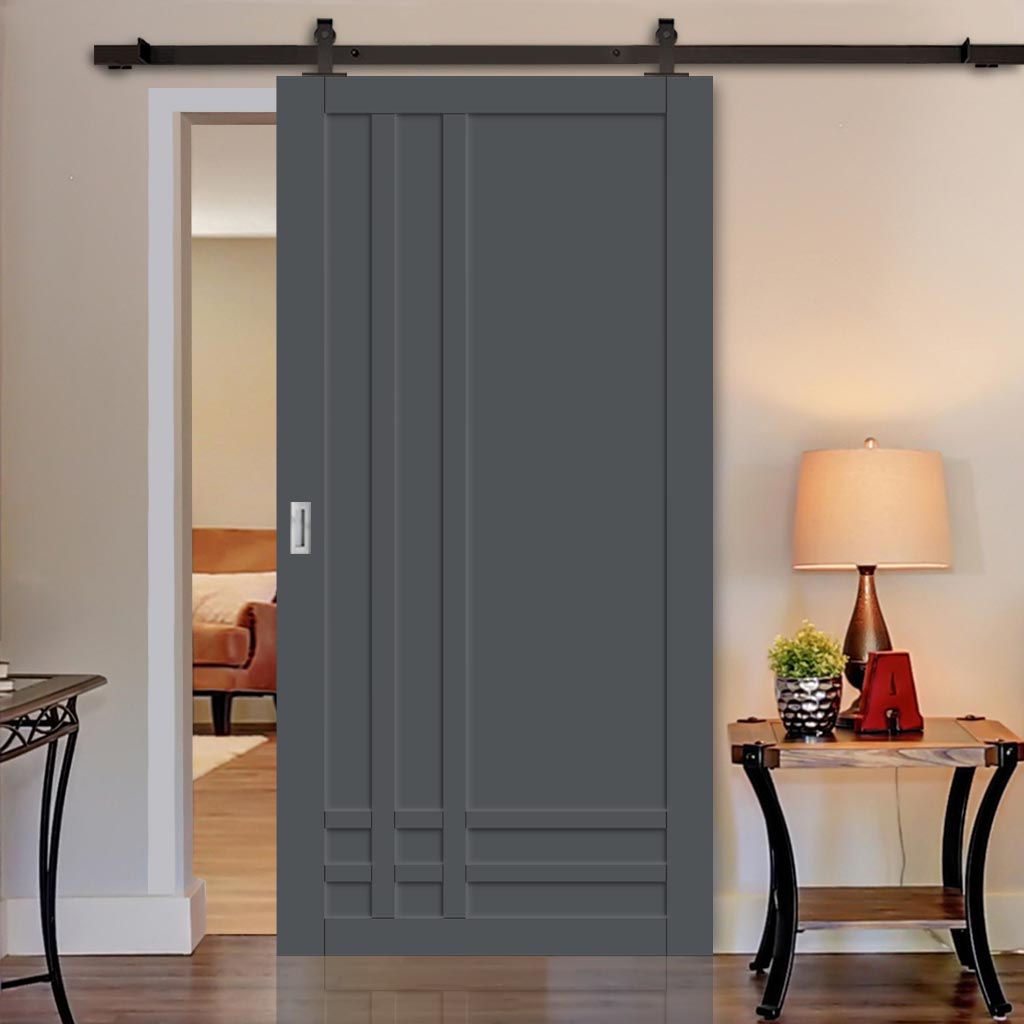 Top Mounted Black Sliding Track & Solid Wood Door - Eco-Urban® Irvine 9 Panel Solid Wood Door DD6434 - Stormy Grey Premium Primed