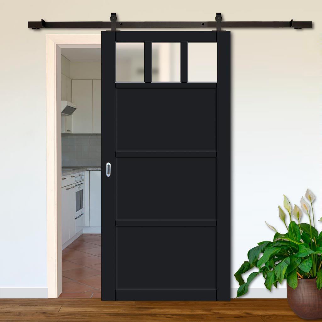 Top Mounted Black Sliding Track & Solid Wood Door - Eco-Urban® Lagos 3 Pane 3 Panel Solid Wood Door DD6427SG Frosted Glass - Shadow Black Premium Primed