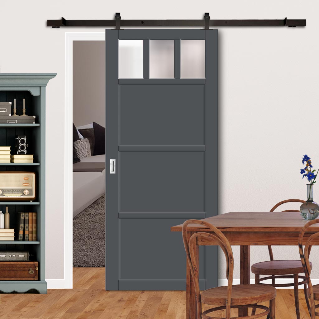 Top Mounted Black Sliding Track & Solid Wood Door - Eco-Urban® Lagos 3 Pane 3 Panel Solid Wood Door DD6427SG Frosted Glass - Stormy Grey Premium Primed