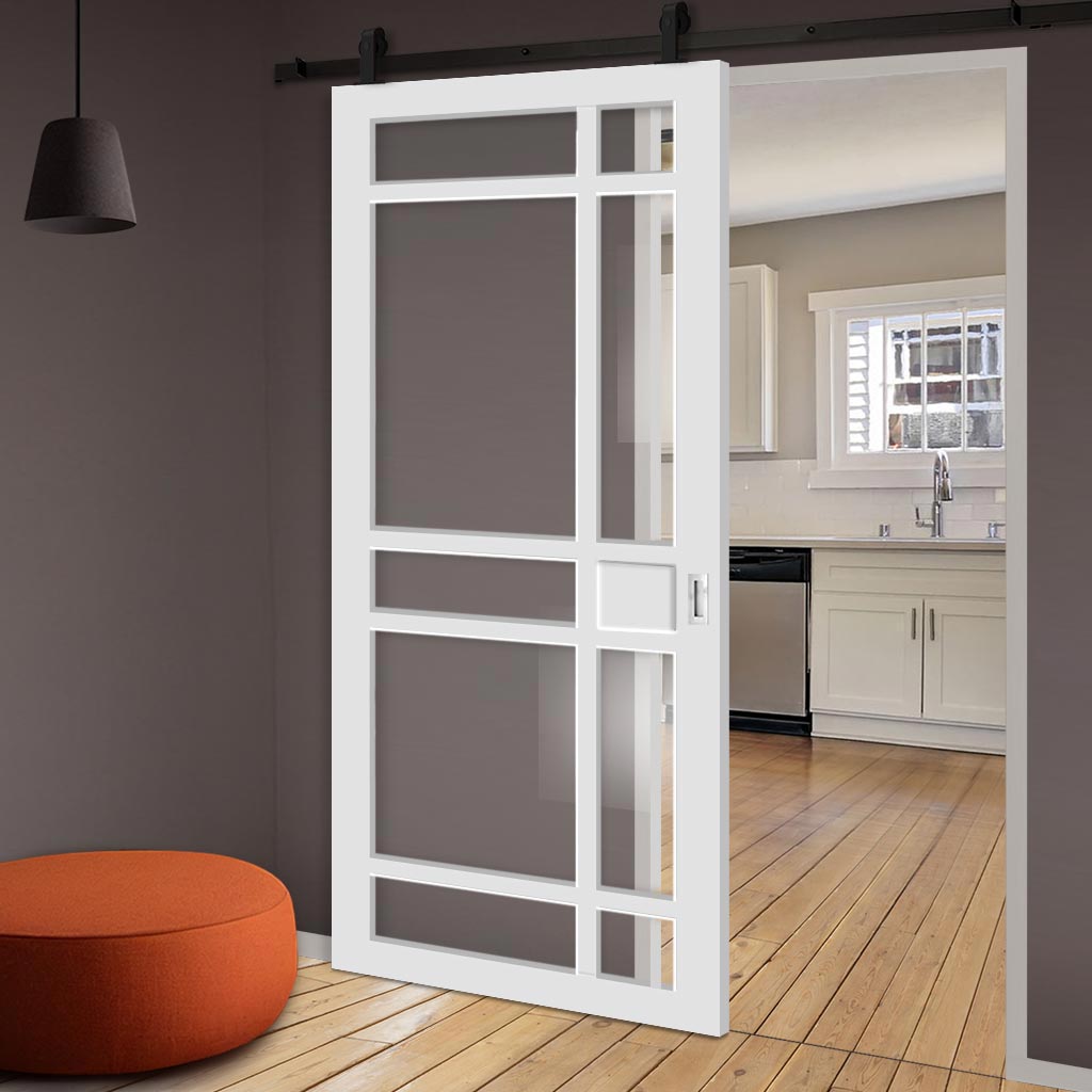 Top Mounted Black Sliding Track & Solid Wood Door - Eco-Urban® Leith 9 Pane Solid Wood Door DD6316G - Clear Glass - Cloud White Premium Primed