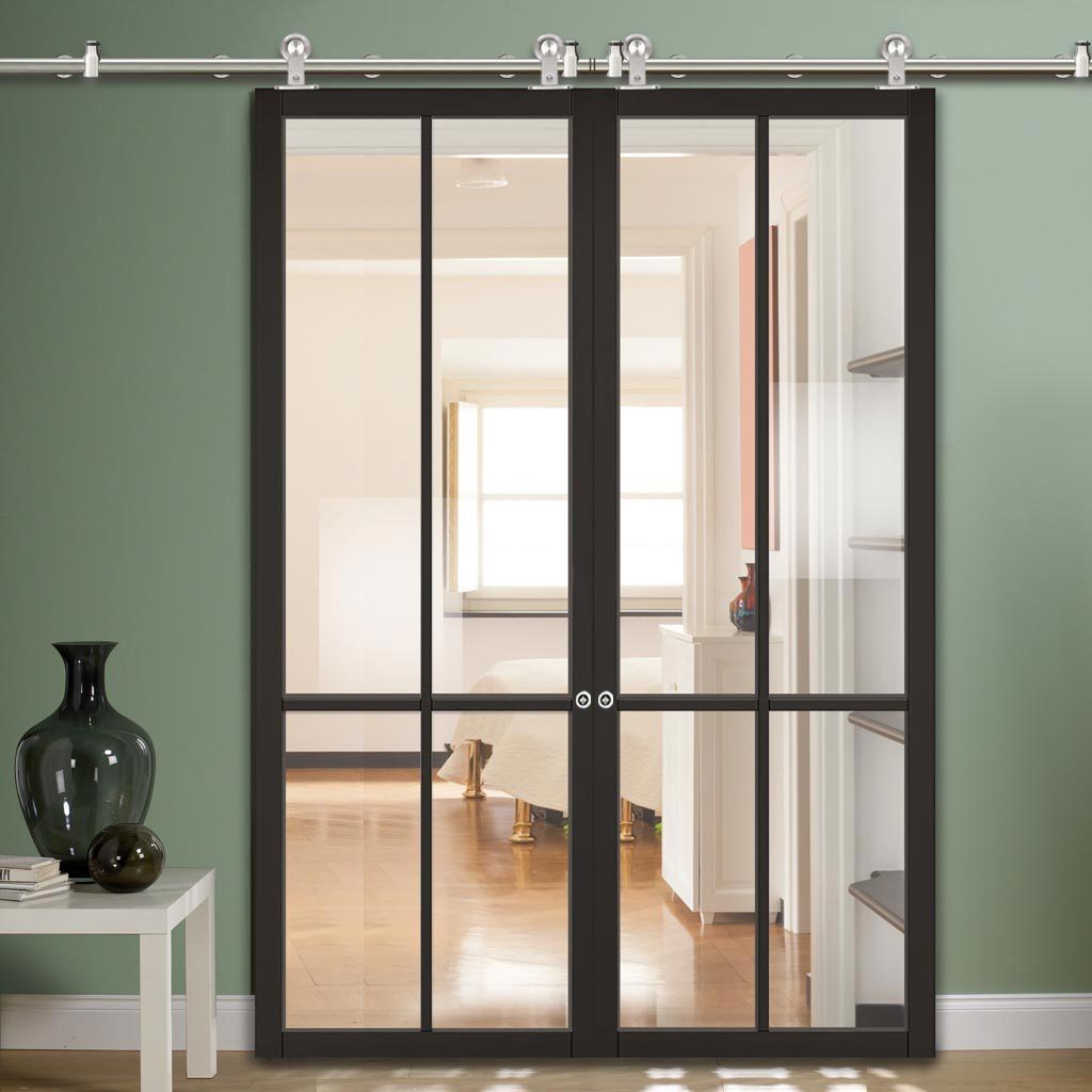 Sirius Tubular Stainless Steel Sliding Track & Liberty 4 Pane Double Door - Clear Glass - Black Painted