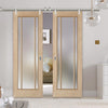 Saturn Tubular Stainless Steel Sliding Track & Lincoln 3 Pane Oak Double Door - Frosted Glass - Unfinished