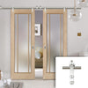 Saturn Tubular Stainless Steel Sliding Track & Lincoln 3 Pane Oak Double Door - Frosted Glass - Unfinished