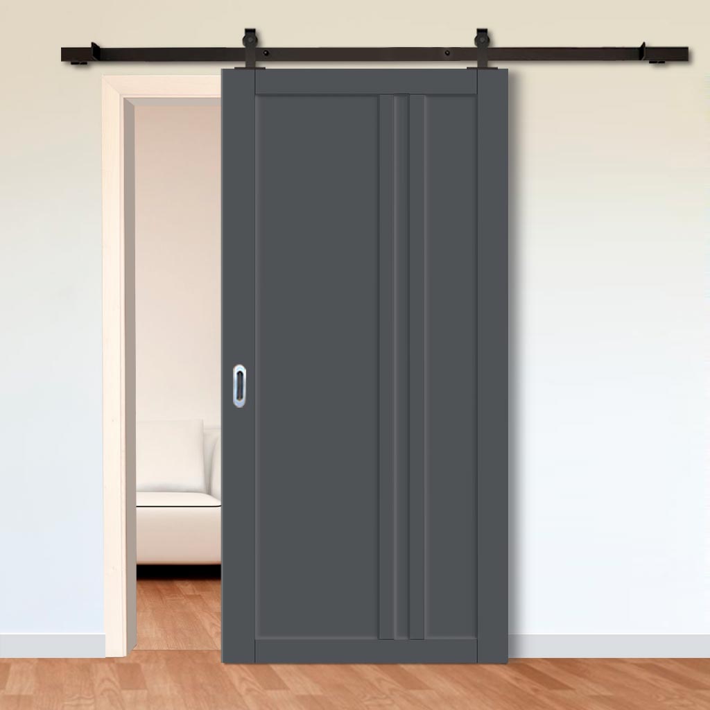 Top Mounted Black Sliding Track & Solid Wood Door - Eco-Urban® Melville 3 Panel Solid Wood Door DD6409 - Stormy Grey Premium Primed