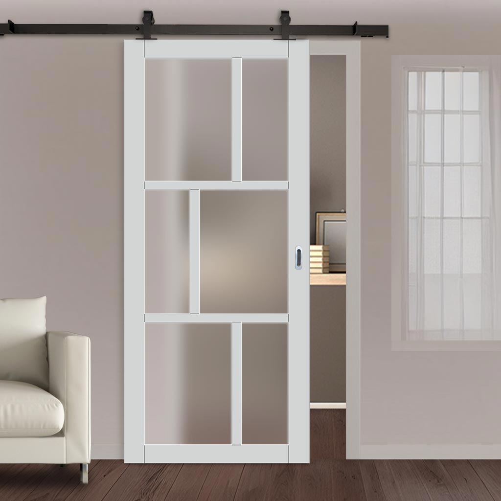 Top Mounted Black Sliding Track & Solid Wood Door - Eco-Urban® Milan 6 Pane Solid Wood Door DD6422SG Frosted Glass - Cloud White Premium Primed