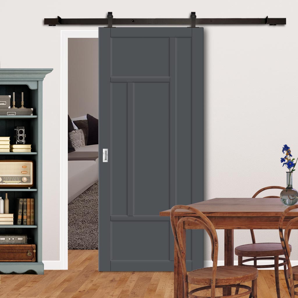 Top Mounted Black Sliding Track & Solid Wood Door - Eco-Urban® Morningside 5 Panel Solid Wood Door DD6437 - Stormy Grey Premium Primed