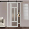 Top Mounted Black Sliding Track & Solid Wood Door - Eco-Urban® Morningside 5 Pane Solid Wood Door DD6437SG Frosted Glass - Mist Grey Premium Primed