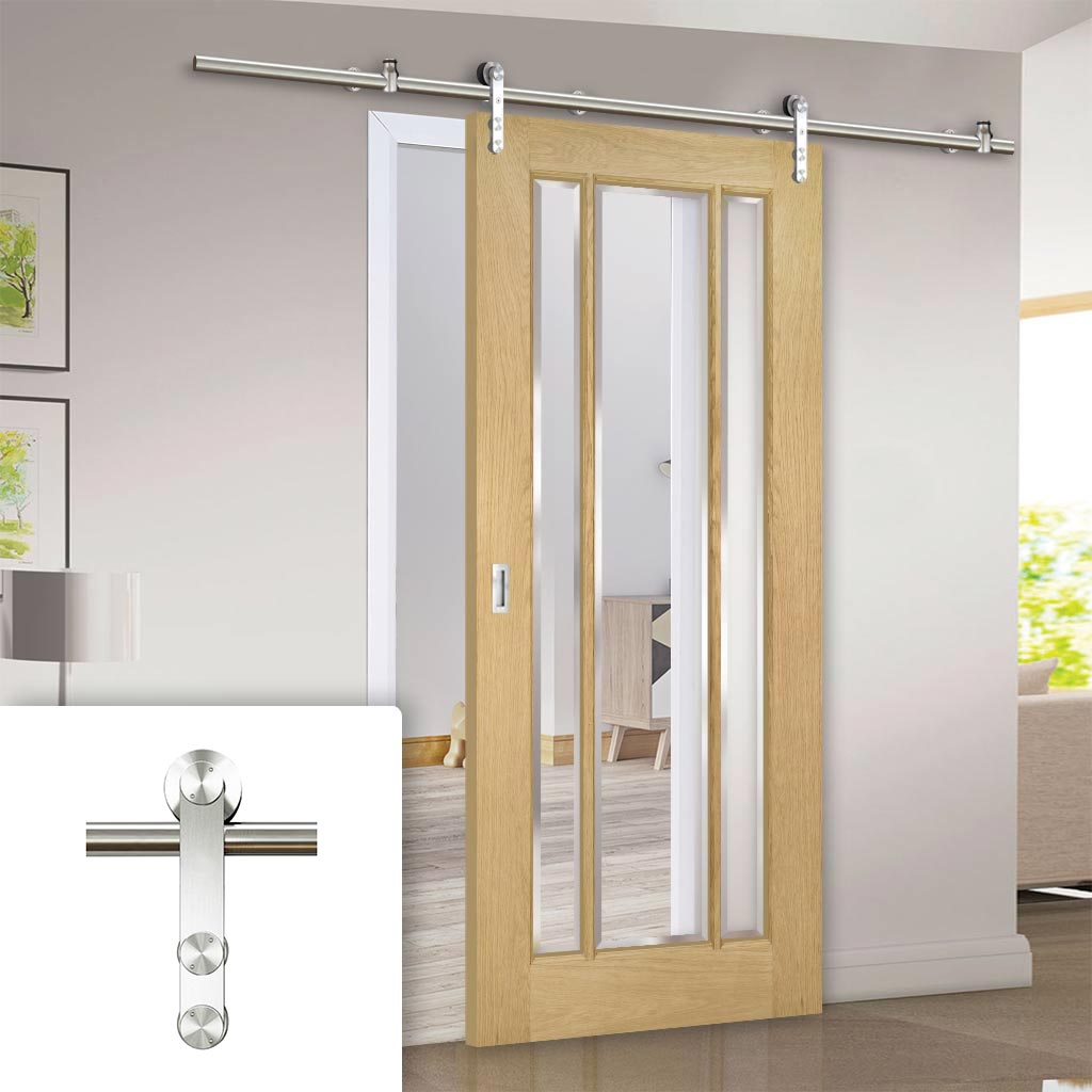 Saturn Tubular Stainless Steel Sliding Track & Norwich Oak Door - Clear Bevelled Glass - Unfinished