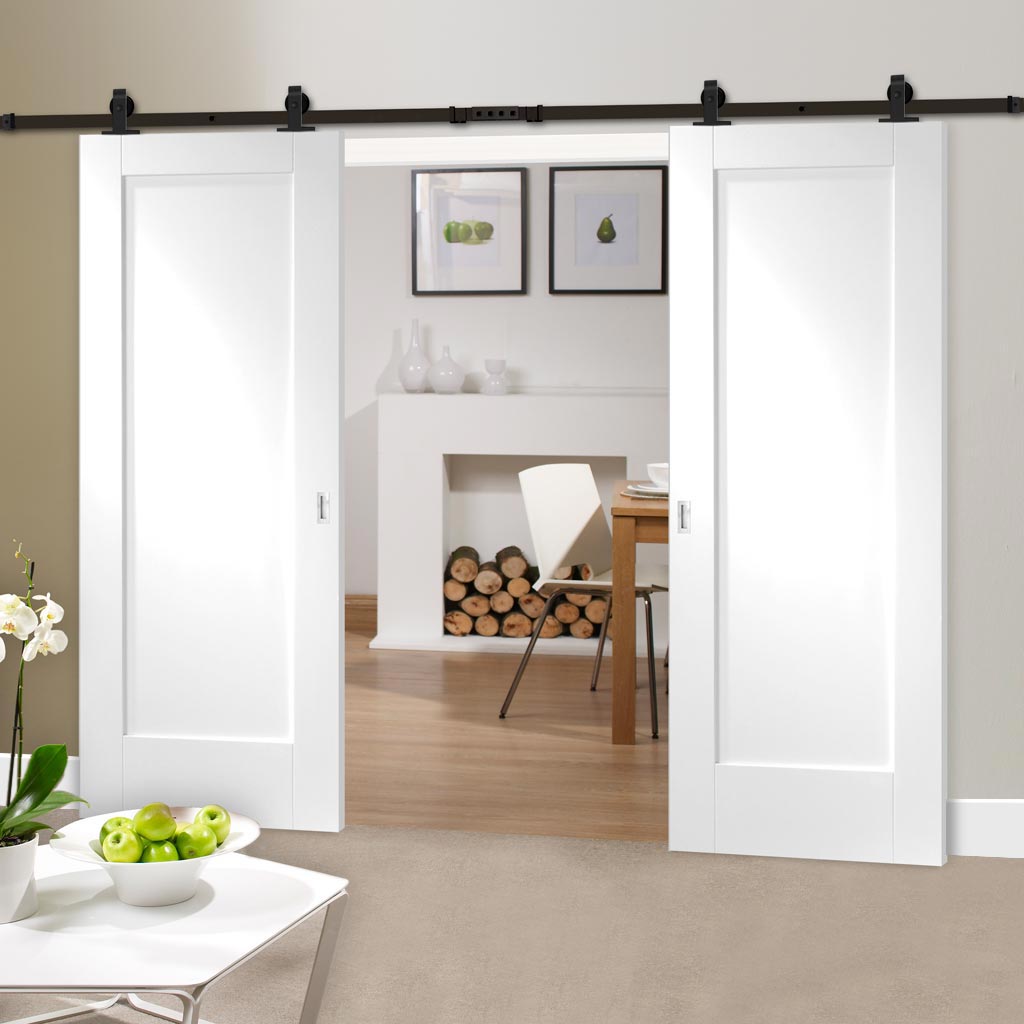 Top Mounted Black Sliding Track & Double Door - Pattern 10 1 Panel Doors - White Primed