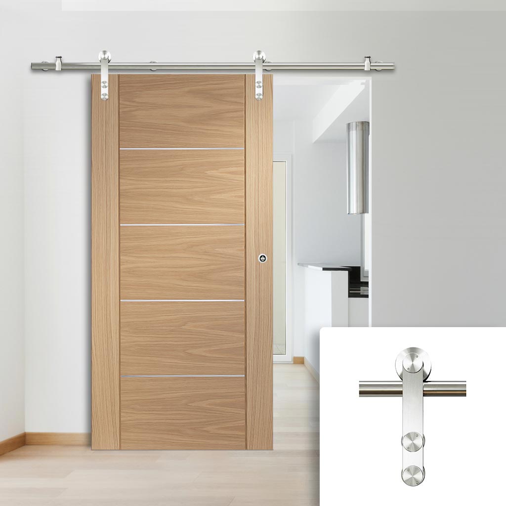 Saturn Tubular Stainless Steel Sliding Track & Portici Oak Flush Door - Aluminium Inlay - Prefinished